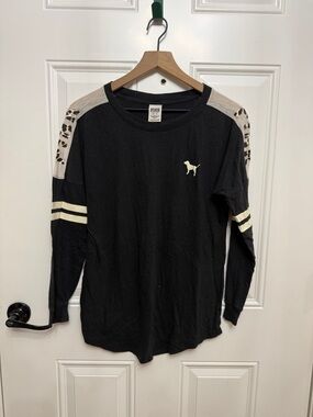 PINK Victoria's Secret Black Long Sleeve Tee with Leopard Shoulder Panels